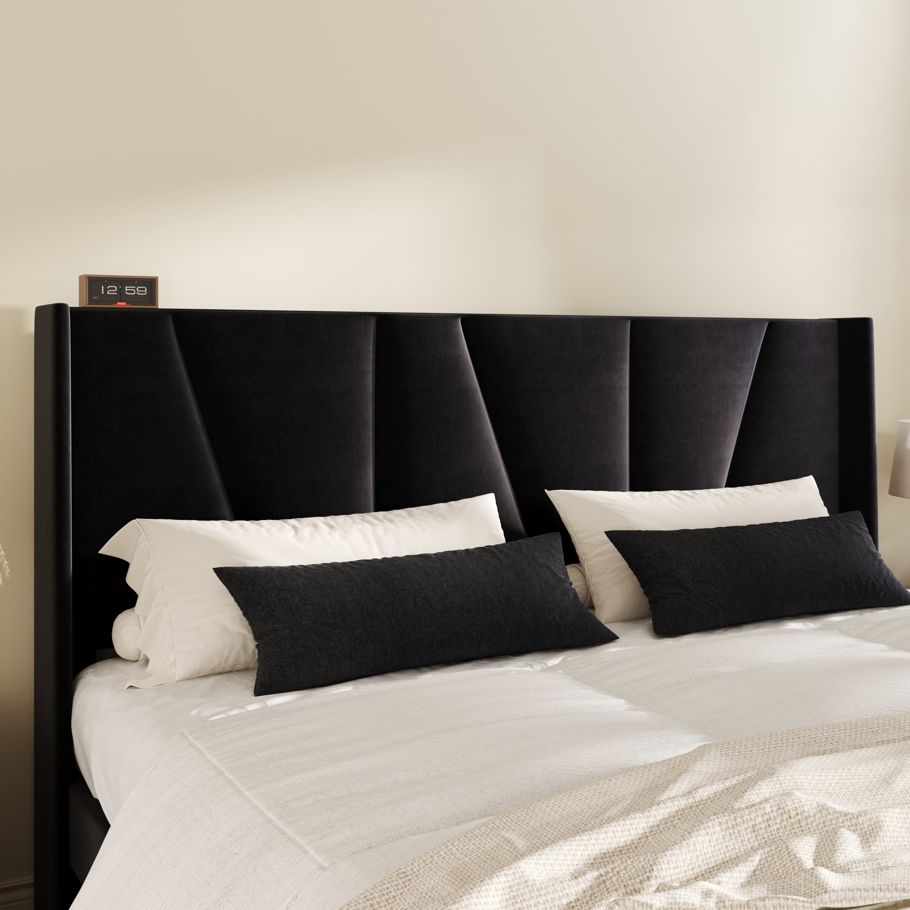 Amolife King Bed Frame, Upholstered Platform Bed with Wingback and Geometric Headboard, Black