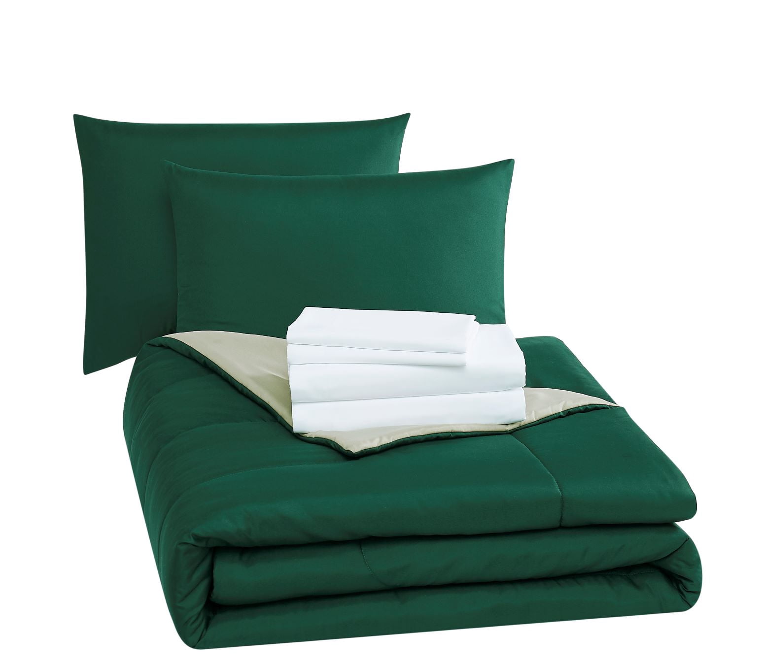 Mainstays 7 Piece Reversible Bed in a Bag Comforter Set with Sheets, Green, Queen