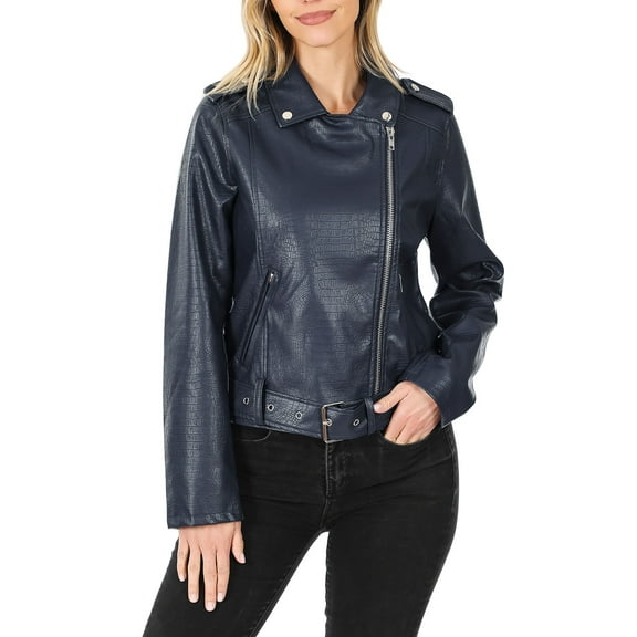 KOGMO Women's Snake Embossed Vegan Leather Moto Jacket with Belt