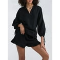 thumbnail image 2 of Women'S Shorts Set, Two-Piece, Long-Sleeved Tie-Dress Top and Ruffled Boxer Shorts, Matching Casual Set Black S, 2 of 7
