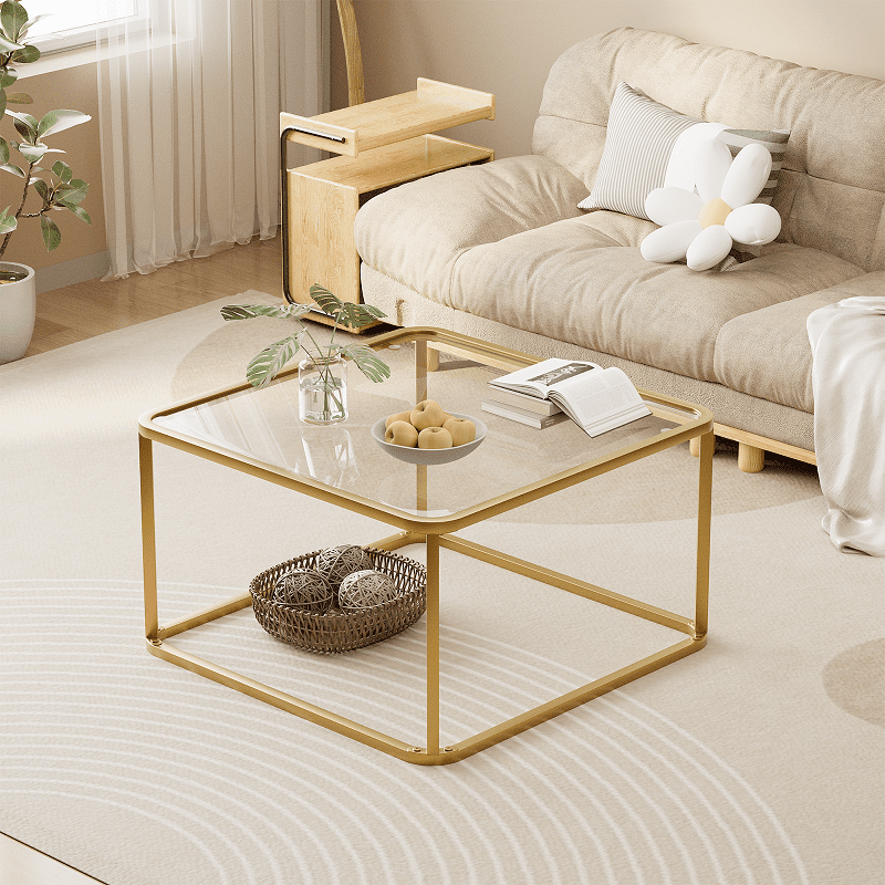 Coffee Table Glass, Minimalist Square Tables for Living Room, Modern Center Table for Office or Small Space, Tempered Glass, Sturdy Metal Frame, Easy Assembly, 26.4 x 26.4 x 15.7 Inches Gold