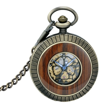 Mechanical Pocket Watch Blue Dial Skeleton Classic Wooden Bloom Simple Dress Best Chioce for Collection,Couples