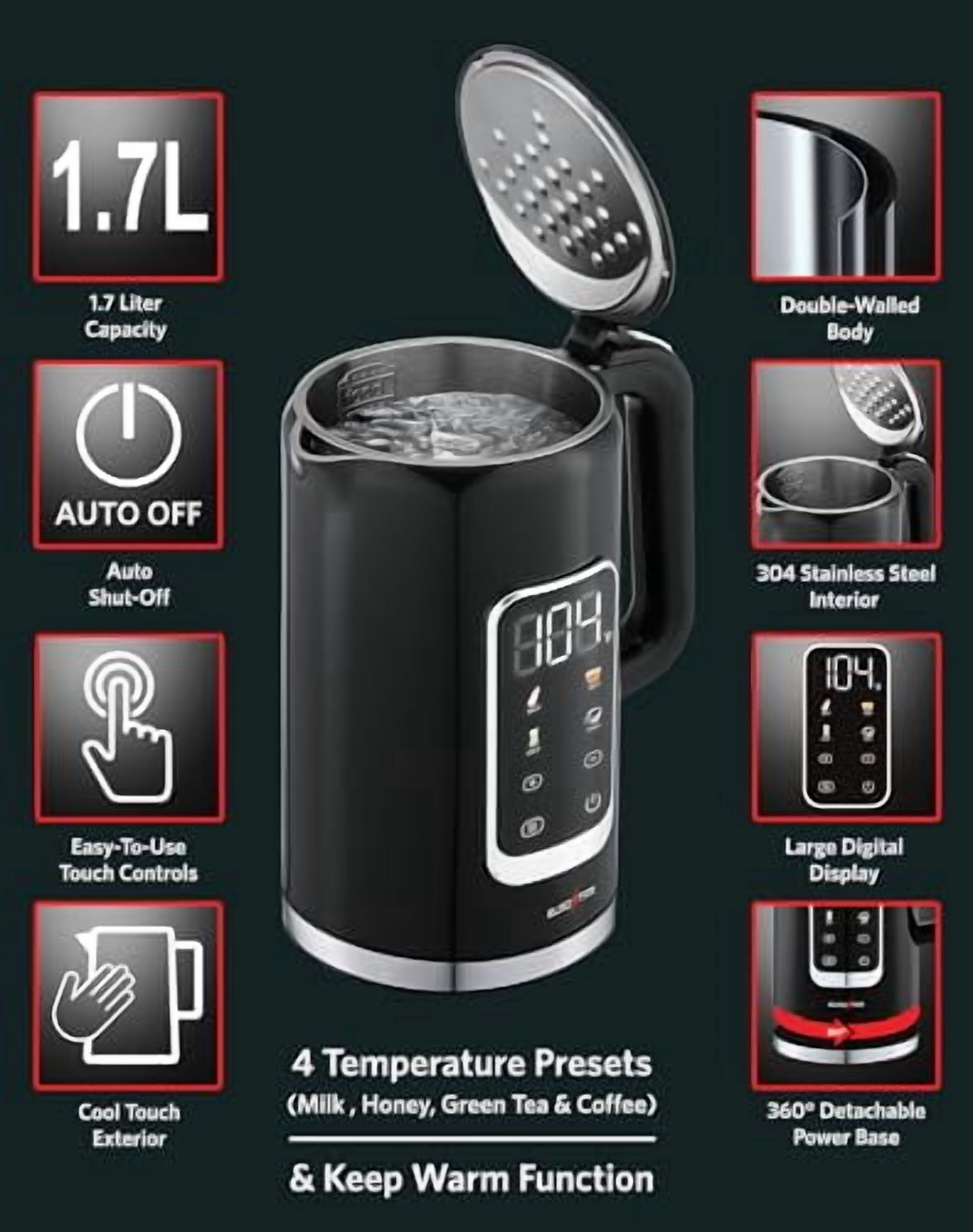 EUROSTAR EDK1770BK 1.7L Digital Electric Kettle, Black