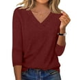 thumbnail image 2 of Miluxas Women's V Neck 3/4 Sleeve Tops Casual Pullover T Shirts Summer Basic Loose Fit Tunic Shirts Red XL(XL), 2 of 8