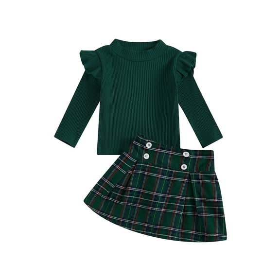 Toddler Kids Girl 2 Piece Outfit 12 18 24 Months 2T 3T 4T 5T Ribbed Long Sleeve Shirt and Plaid Skirt Set for Baby Fall Cute Clothes