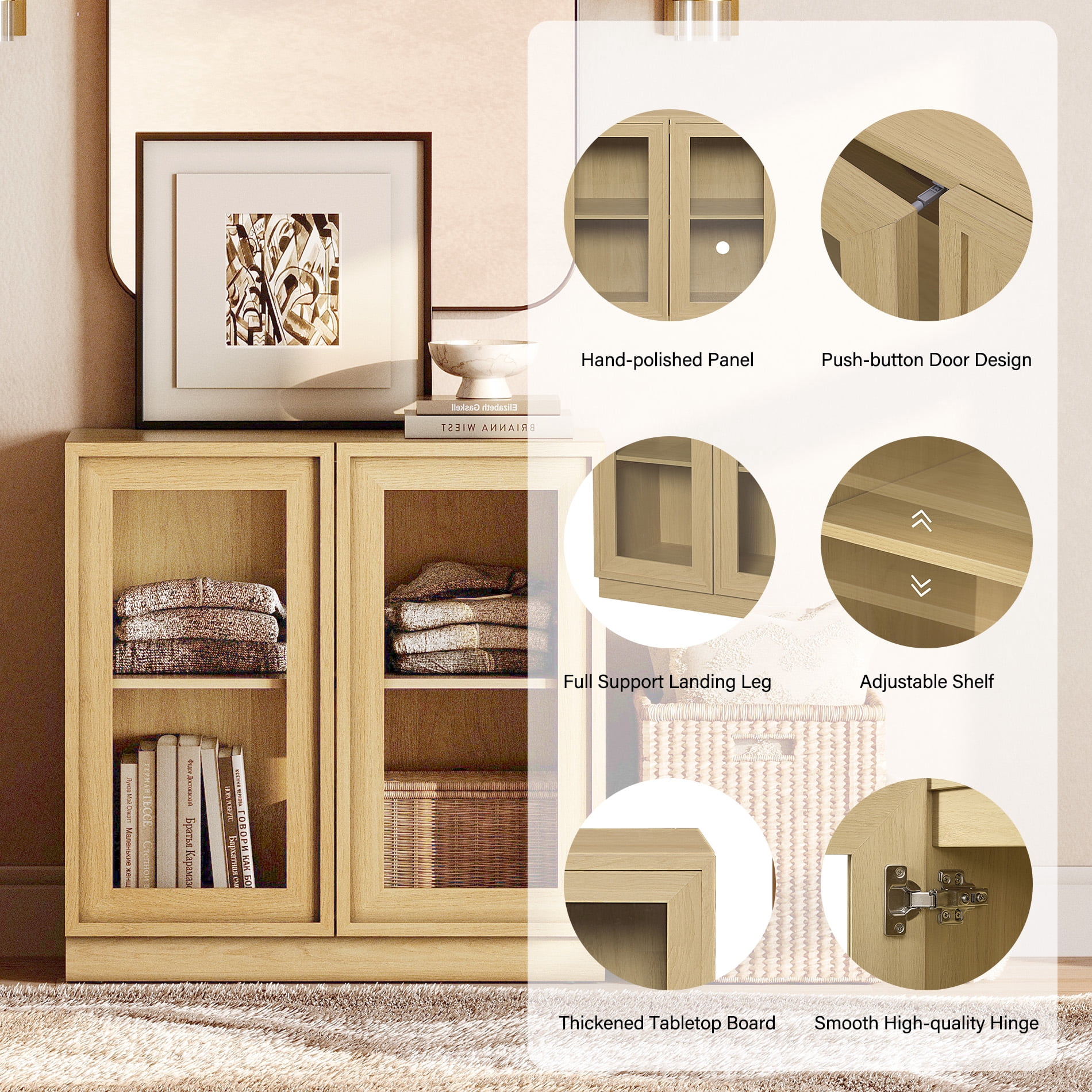 31.5" Modern Sideboard Buffet Cabinet with 2 Glass Doors, Multifunctional Sideboard with Large Storage and Adjustable Shelf, Oak