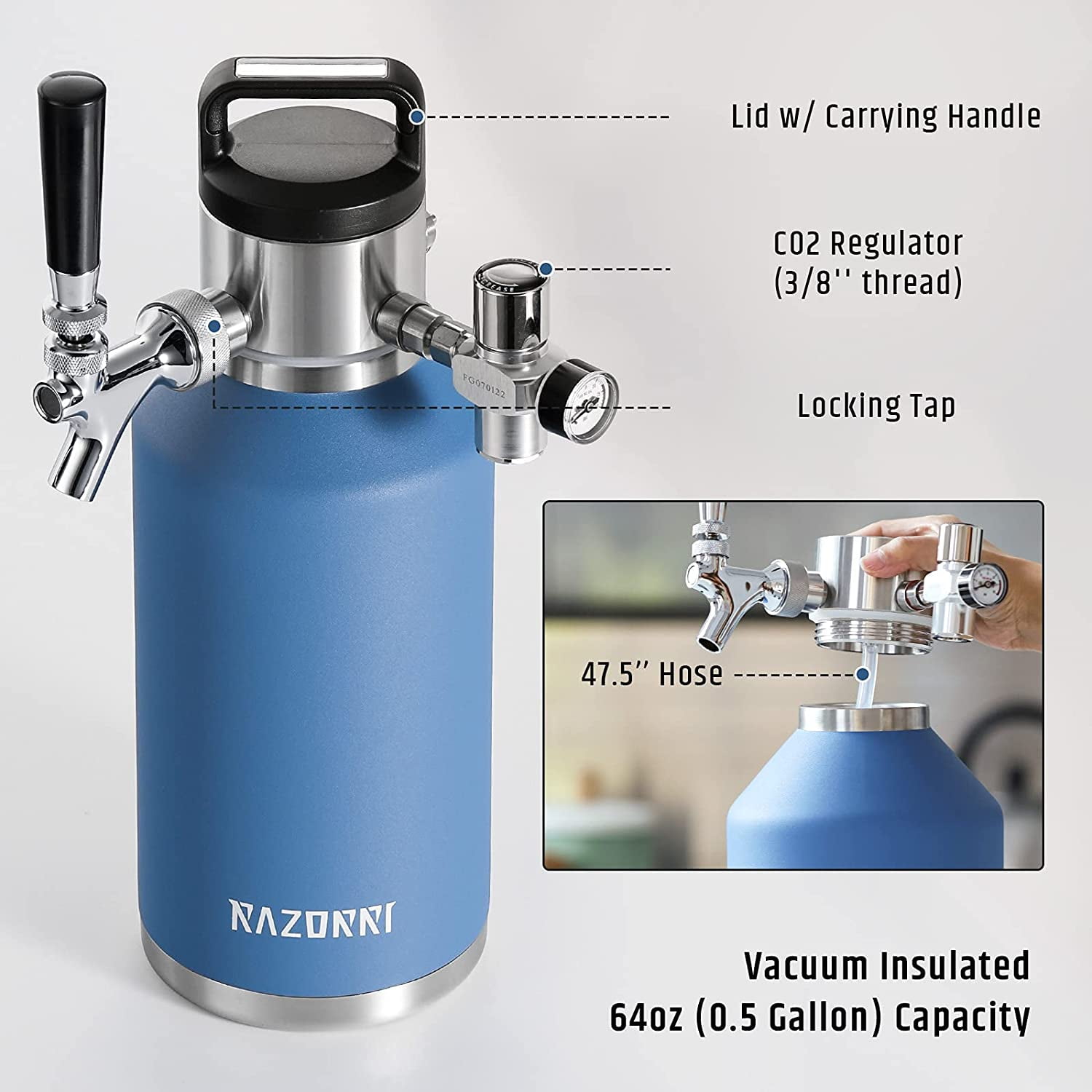 Razorri 64oz Stainless Steel Beer Growler, Double-Wall Vacuum Insulated Carbonated Keg with Professional Bar Tap and Pressurized CO2 Regulator, 0.5 Gallon, Ocean Blue