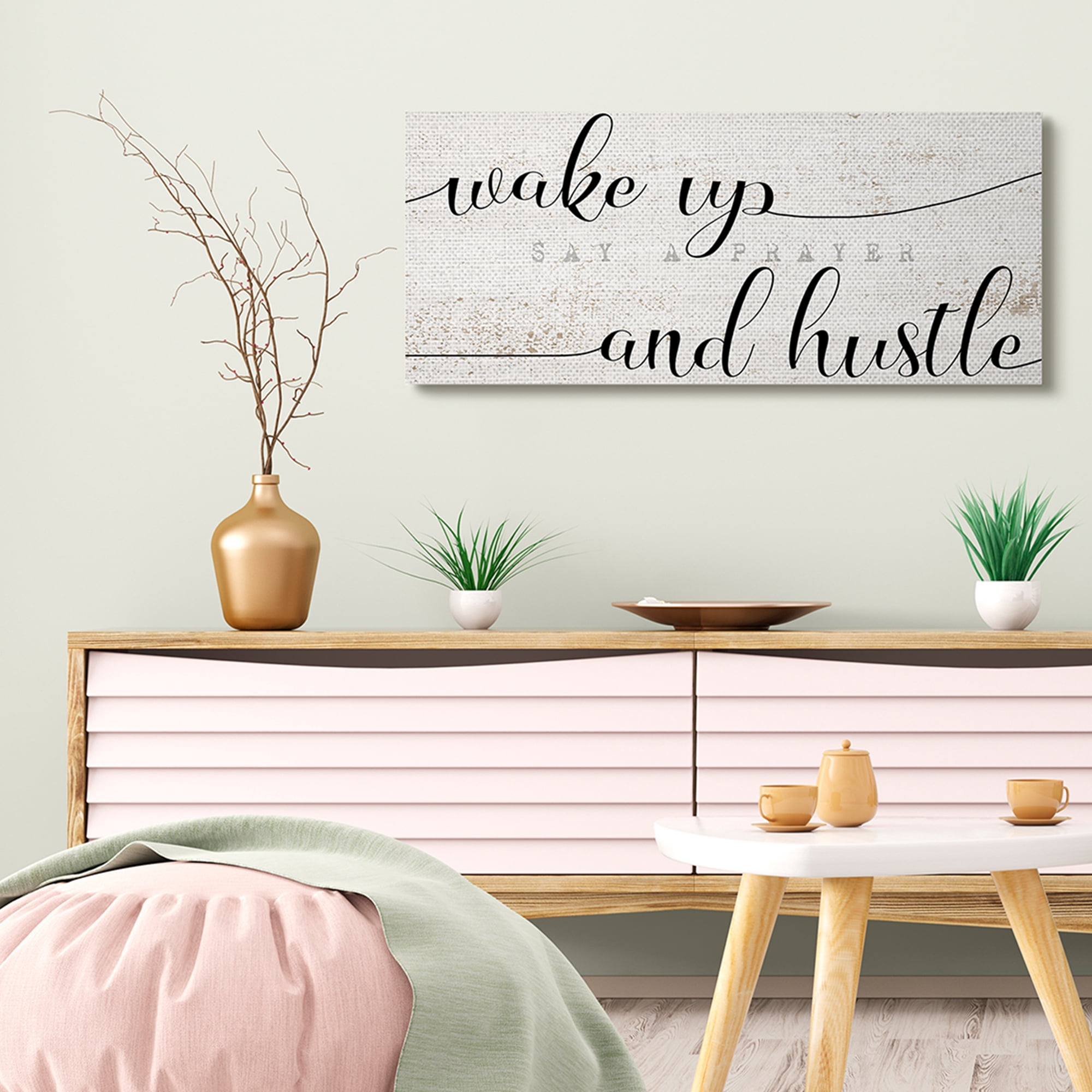 Stupell Industries Wake Up Say Prayer Hustle Phrase Distressed Paint Inspirational Painting Gallery Wrapped Canvas Art Print Wall Art, 17 x 40