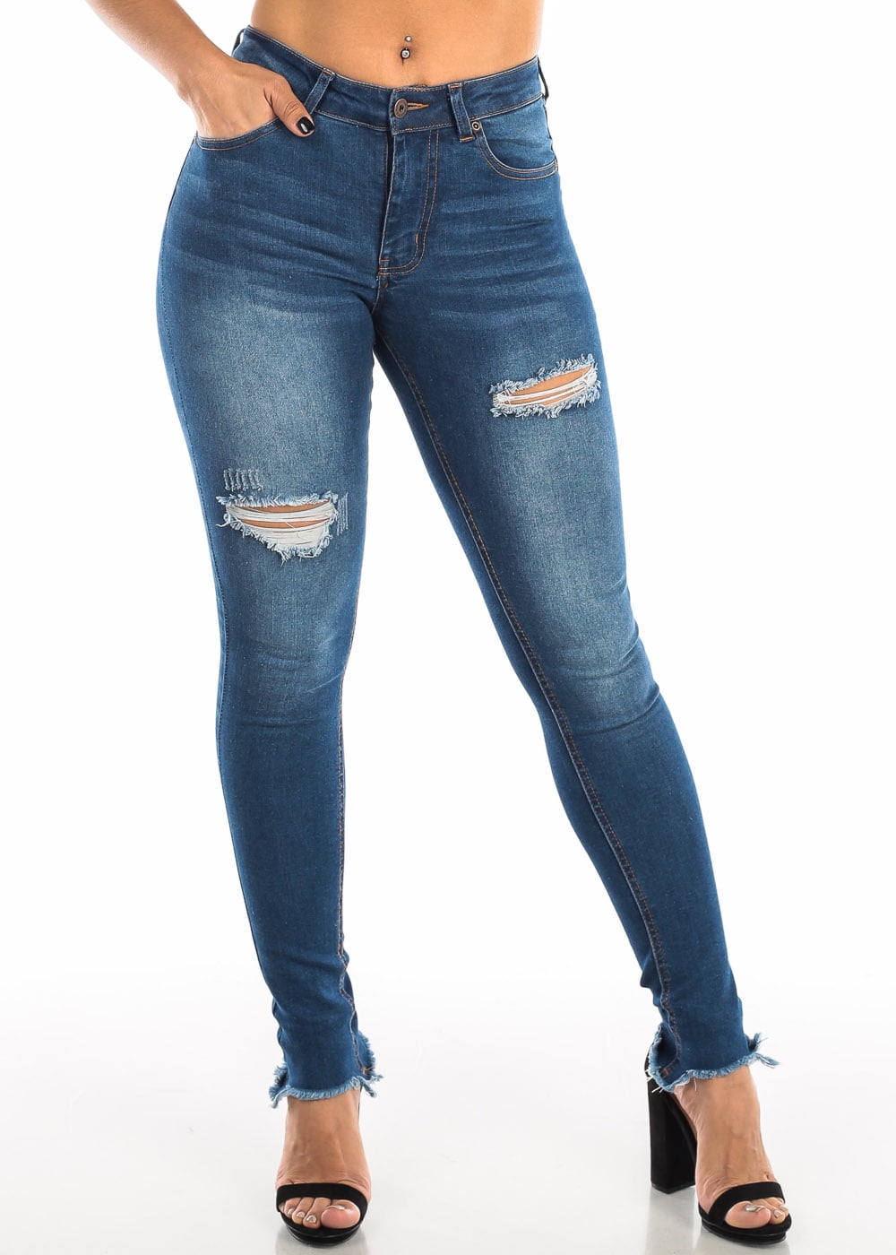 high waisted shredded jeans