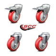 thumbnail image 2 of 4 Inch Red Polyurethane Swivel Bolt Hole Caster Set with 2 Total Lock Brake, 2 of 2