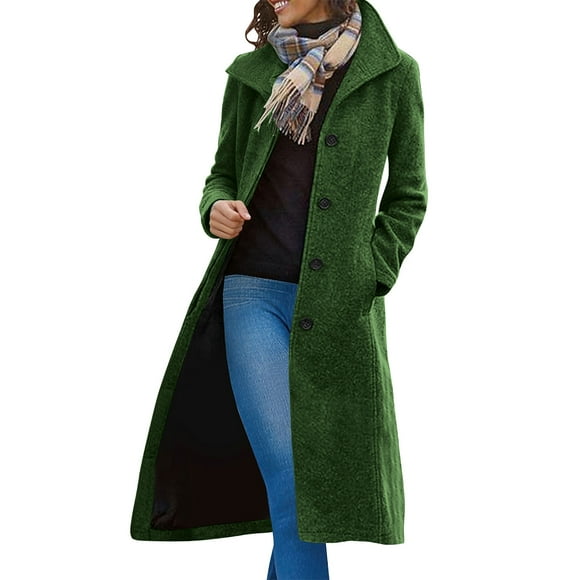 Long Wool Coat Women - Solid Casual Thicken Wool Stand Collar Inner Lining Pocket Breasted Pea Mao Coat - Fashion/Daily