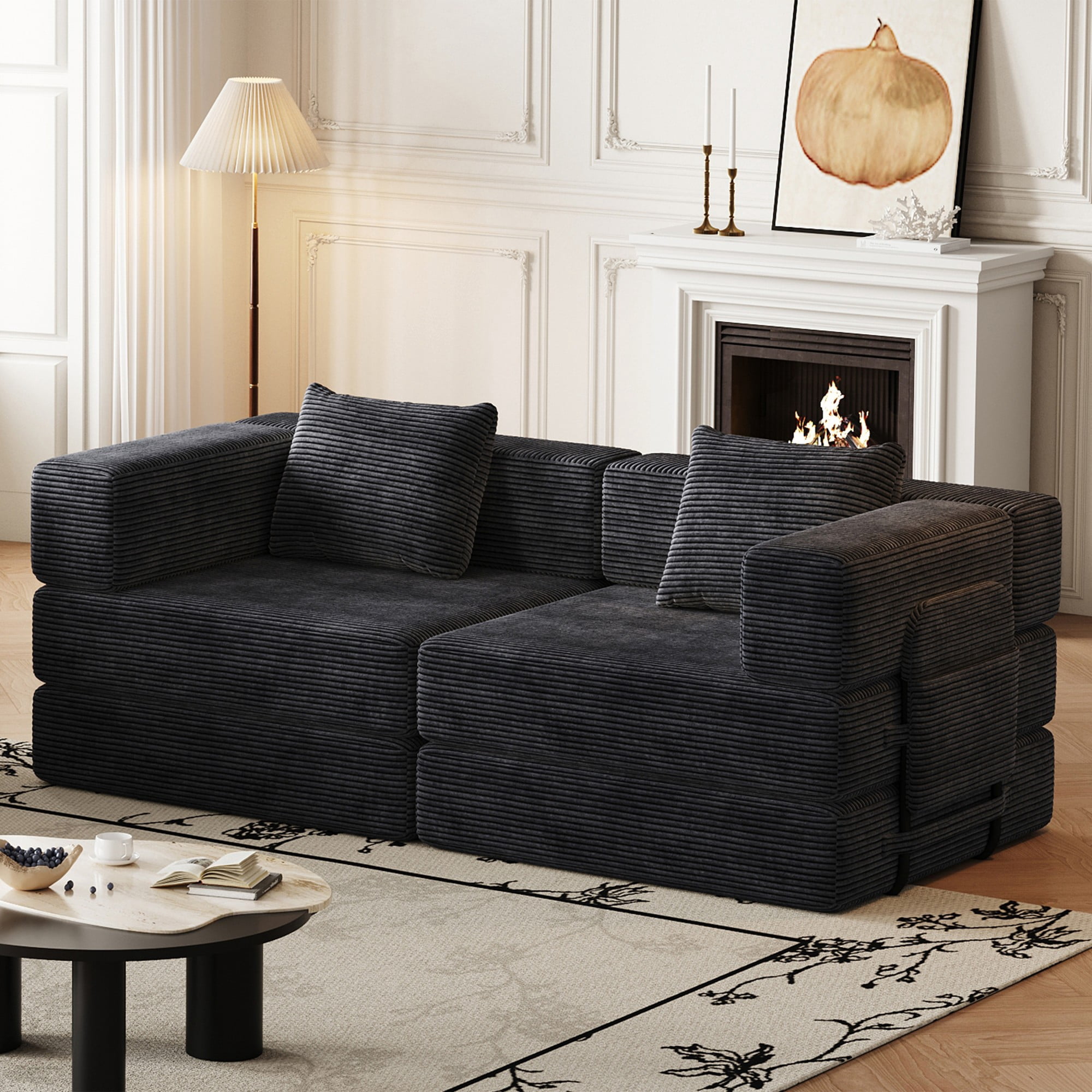 72" Convertible Corduroy Sofa Bed,Folding Sleeper Couch with Two Side Storage Pockets & Two Cushions for Living Room,Bedroom,Black
