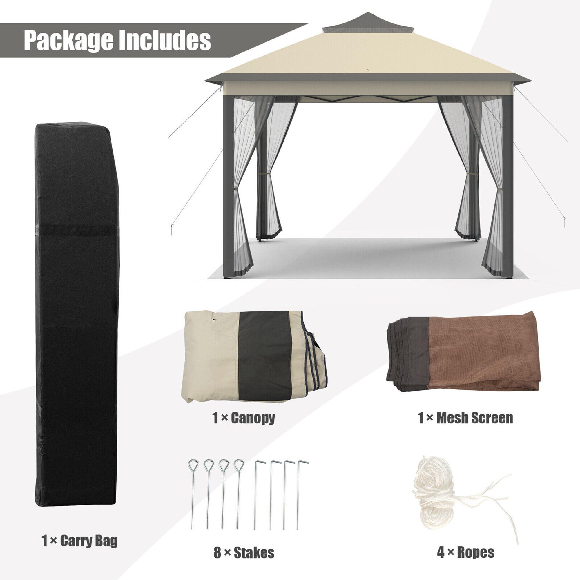 Gymax 11 x 11 ft Pop up Gazebo 2-Tier Patio Canopy Tent Shelter w/ Carrying Bag Brown