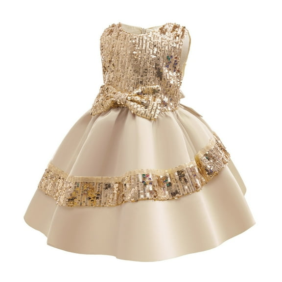 NAISIBABY Girls Formal Pageant Dress, Sleeveless Floral Bow Sequin Mesh Wedding Birthday Princess Dress Khaki 6T