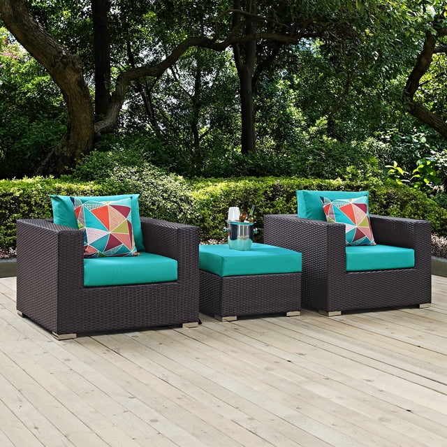 Modway Convene Wicker Rattan 3-Piece Outdoor Patio Furniture Set in Espresso Turquoise