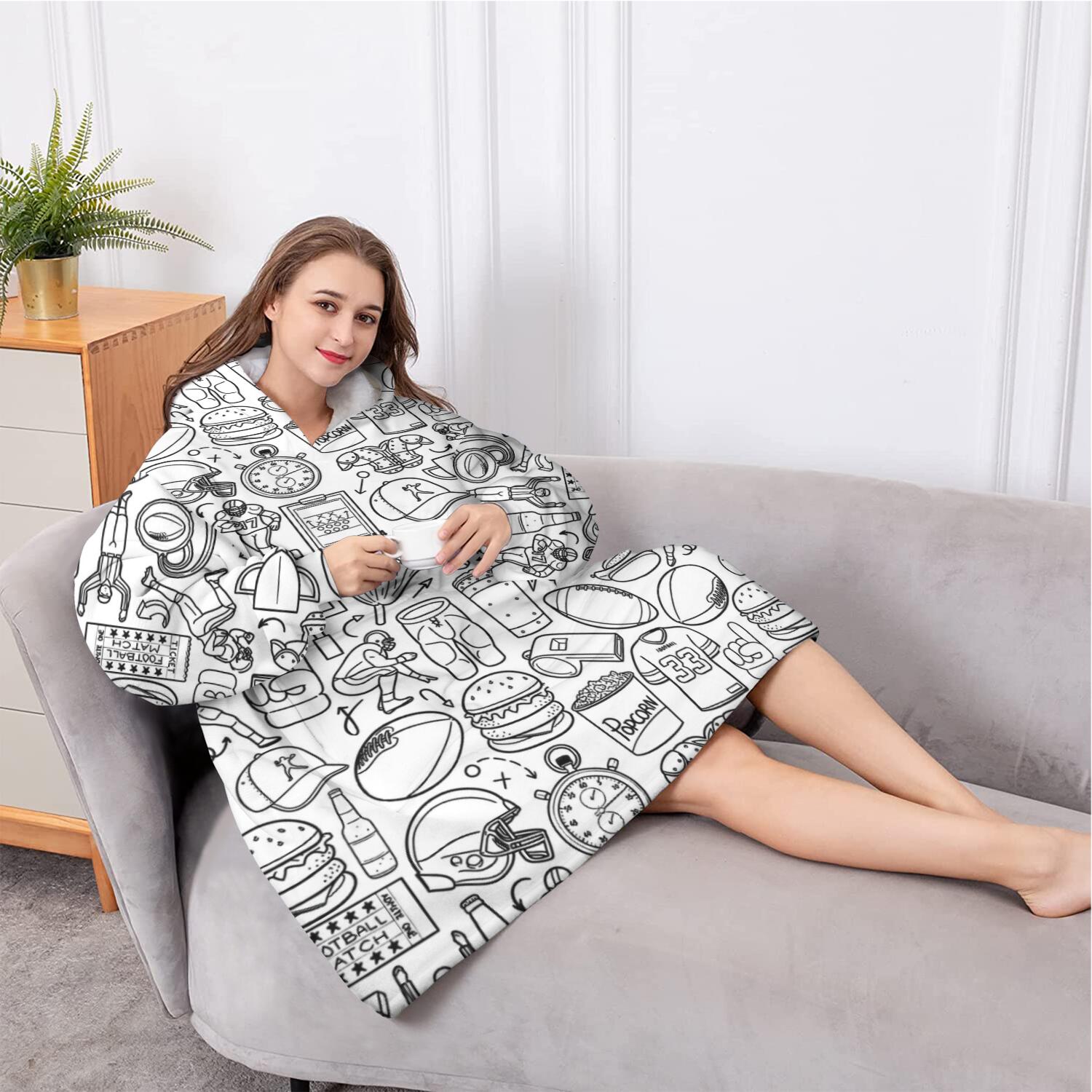 Oversized Wearable Blanket Hoodie,Football Icons Pattern Sherpa Blanket Hoodie with Super Pockets,Super Warm Fuzzy Pullover for Women & Men