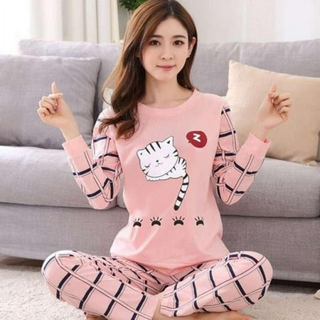 

Spring and Autumn Fashion Women s Ladies Cartoon Print Pajamas Pure Cotton Long Sleeve O-Neck Pullover Pants Large Size Home Service Set