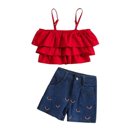 

Arvbitana 1-6 Years Toddler Girls Shorts Set Layered Camisole with Embroidery Watermelon Denim Shorts Summer2-piece Outfit