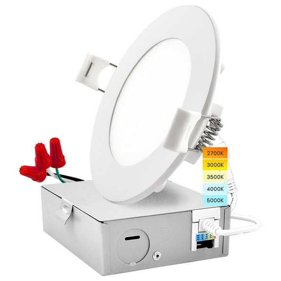 Luxrite 4 inch Ultra Thin LED Recessed Light with Junction Box 10W 5 Color Selectable Dimmable 750 Lumens ETL Rated