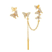 GHSOHS Flat Back Earrings Butterfly Long Tassel Stud Earrings Non Piercing Clip on Earrings Asymmetric Gold Plated Zircon Rhinestone Earring Jewelry Gift Hot Pink Earrings for Women Fashion Earings