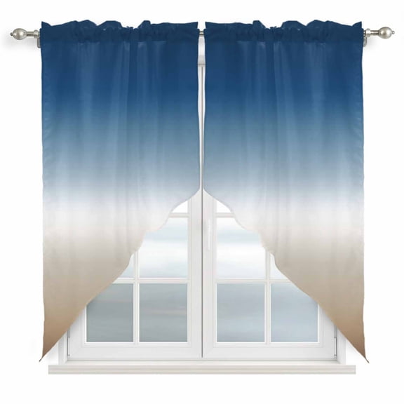 Navy Blue Beige Ombre Cream Kitchen Window Curtains, Swag Curtains Valance for Bedroom Living Room Bathroom, Modern Abstract Art Aesthetics Rod Pocket Window Curtain Block Drapes 2 Panels 36"x63"