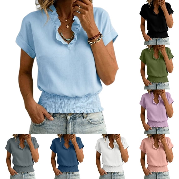 Ashirexll Womens Casual Tops V-Neck Short Sleeve Waist Cinching Top Casual Loose Summer Top for Spring Daily