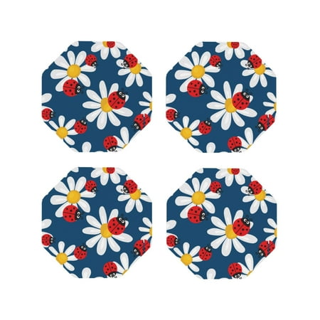 

Fuzoiu Daisies With Ladybugs Print Leather Coasters Set Drink Coasters Set of 4 for Tabletop Protection Durable PVC Coasters Home Décor and Housewarming Gift-Octagon