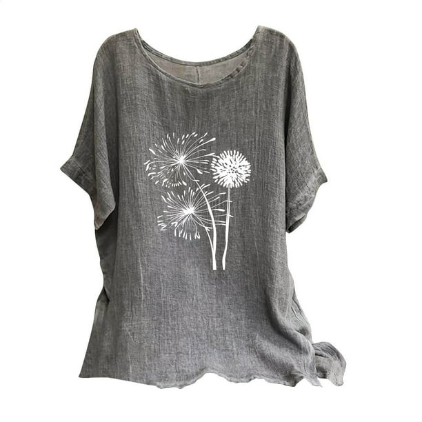 Blusas de Manga Corta para las Mujeres Mezcla de Lino de Ajuste Suelto Top de Bordado, Blusas para las Mujeres Casual