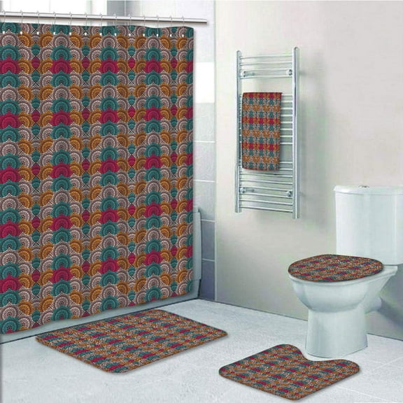 PRTAU Moroccan Lively Colored Ethnic Motifs Overlapping Ornamental Retro Tribal 5 Piece Bathroom Set Shower Curtain Bath Towel Bath Rug Contour Mat and Toilet Lid Cover