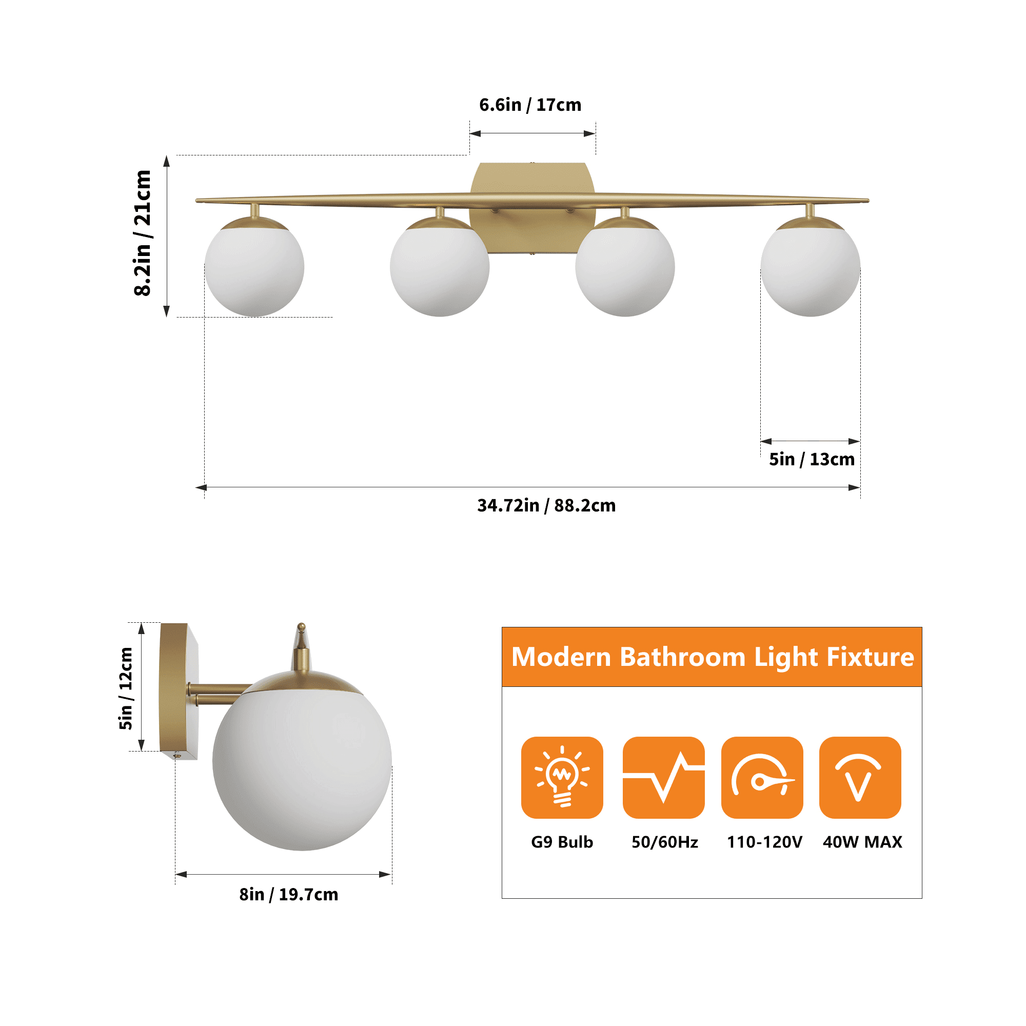 Gold Vanity Lighting Fixtures, 4-Light 34.7 Inch Modern Bathroom Light with Milky White Frosted Glass Shades, Wall Lights for Bathroom, Bedroom, Living Room（G9 Bulb not Included）