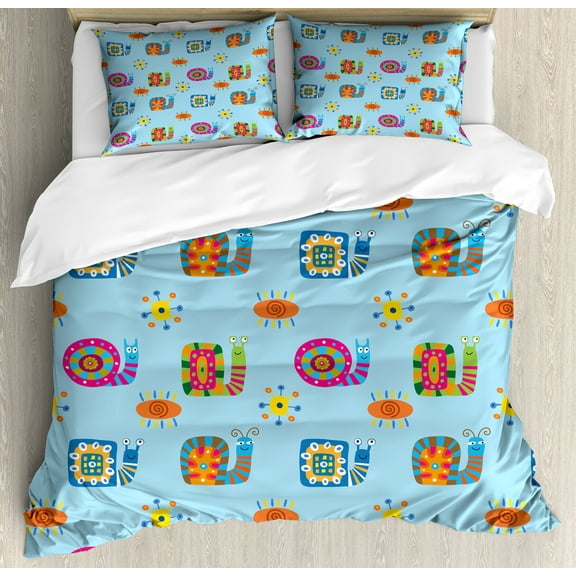 Snail Duvet Cover Set, Repetitive Sun and Flower Symbol Snails in Colorful Arrangement Print, Decorative 3 Piece Bedding Set with 2 Pillow Shams, Calking Size, Pale Blue Multicolor, by Ambesonne