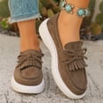 thumbnail image 2 of Womens Khaki Brown Slip-On Loafers with Platform Sole, Faux Suede Bow & Fringe Detail, Comfortable Casual Flat Shoes for Women,Size 6, 2 of 9