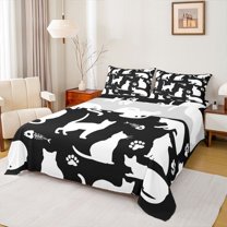 Feelyou Cartoon Cat Lover Full Size Sheets for Teens, Black White Animal Bed Sheets, Anime Kitten Theme Sheet Sets, Super Cozy Room Decor, 4-Piece