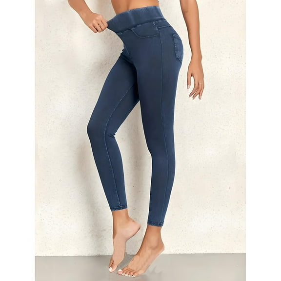 MASRIN Leggings for Women Tummy Control High Waisted Workout Yoga Pants Trendy Fake Jean Tights Streetwear Blue L
