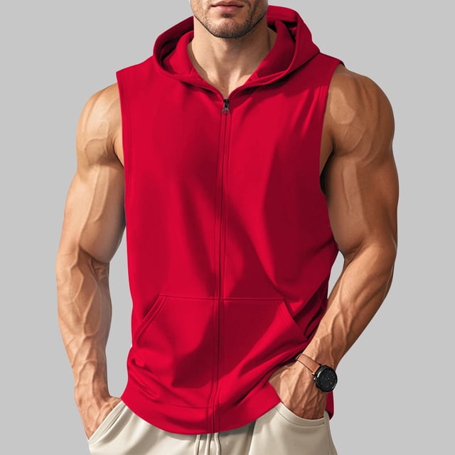 Pisexur Vestes pour Hommes, Manteau Sans Manches en Lin à Boutons Col Rabattu Sans Manches à Capuche Décontracté Rouge, TG