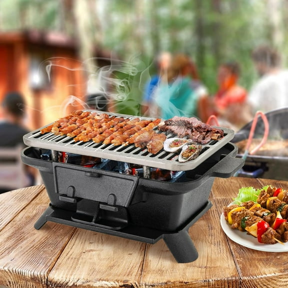 Moccha Cast Iron Hibachi Grill, Tabletop Charcoal Grill with Double-sided Grill Gate, Air Regulating Door, 2 Height, Grill Grate Lifter, Portable BBQ Grill Oven for Outdoor Camping, Picnic