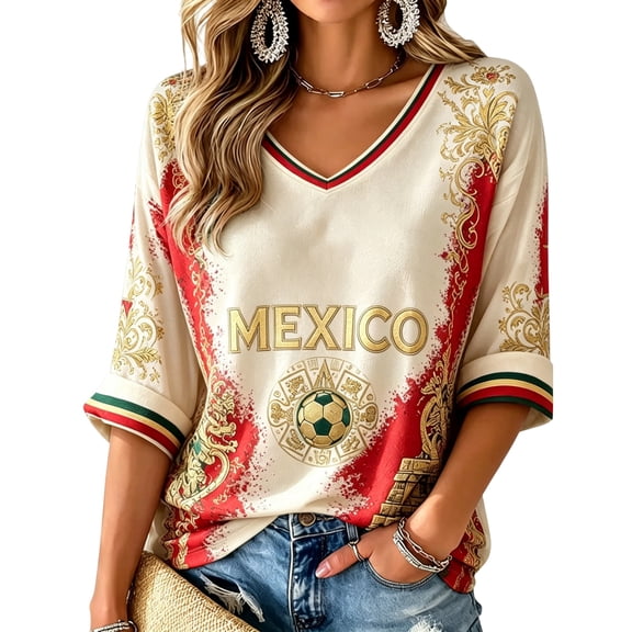 Mexico 2026 Soccer Cup Fan Jersey for Women, V-Neck Half Sleeve Supporter Top with Gold Totem Graphic, Lightweight Breathable Summer Shirt, 1 PC Beige L