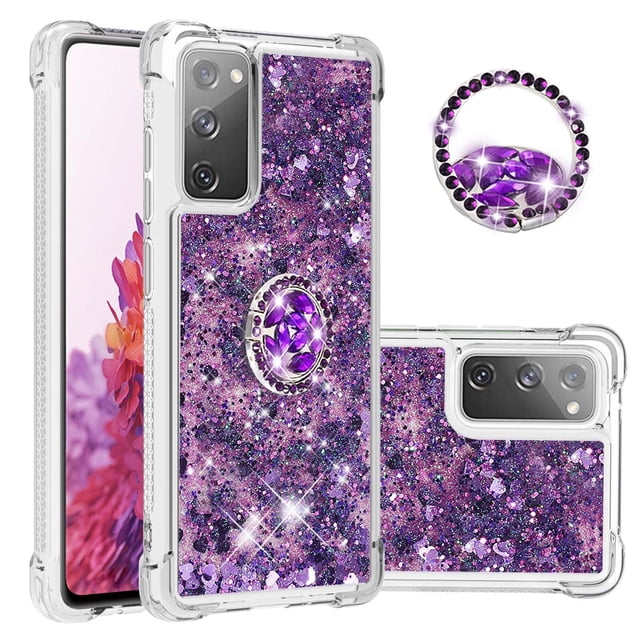Funda para Samsung Galaxy S20 FE 4G/5G con Brillo Líquido Flotante, Purpurina, Parachoques y Anillo Giratorio Soporte