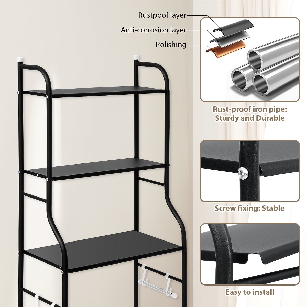 "HONEIER 3 Tier Bath Shelves, Over Toilet Storage Rack, Space Saver with Towel Shelf, 22""W Black"  (图2)
