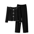 thumbnail image 4 of sdhkgrrt Women's 2 Piece Matching Pajama Set Off Shoulder Long Sleeve Top Elastic Waisted Wide Leg Pants Solid Comfy Casual Lounge Set Soft Loose Fit Tracksuit, Black L, 4 of 9