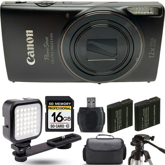 Canon PowerShot ELPH 360 Camera (Black)    Extra Battery   LED - 16GB Kit (International Version)