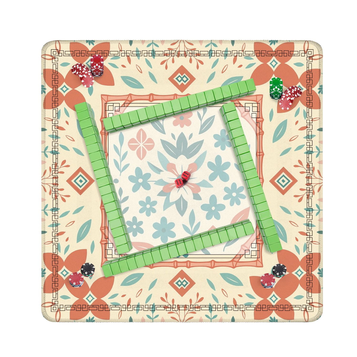 Mahjong Mat 31.5" x 31.5" Floral Geometric Elements Soft Coral Teal Tones Anti-Slip and Noise Reduction Symmetry Design Mahjong Tiles Table Cover for Dominoes Poker Card Board and Tile Games