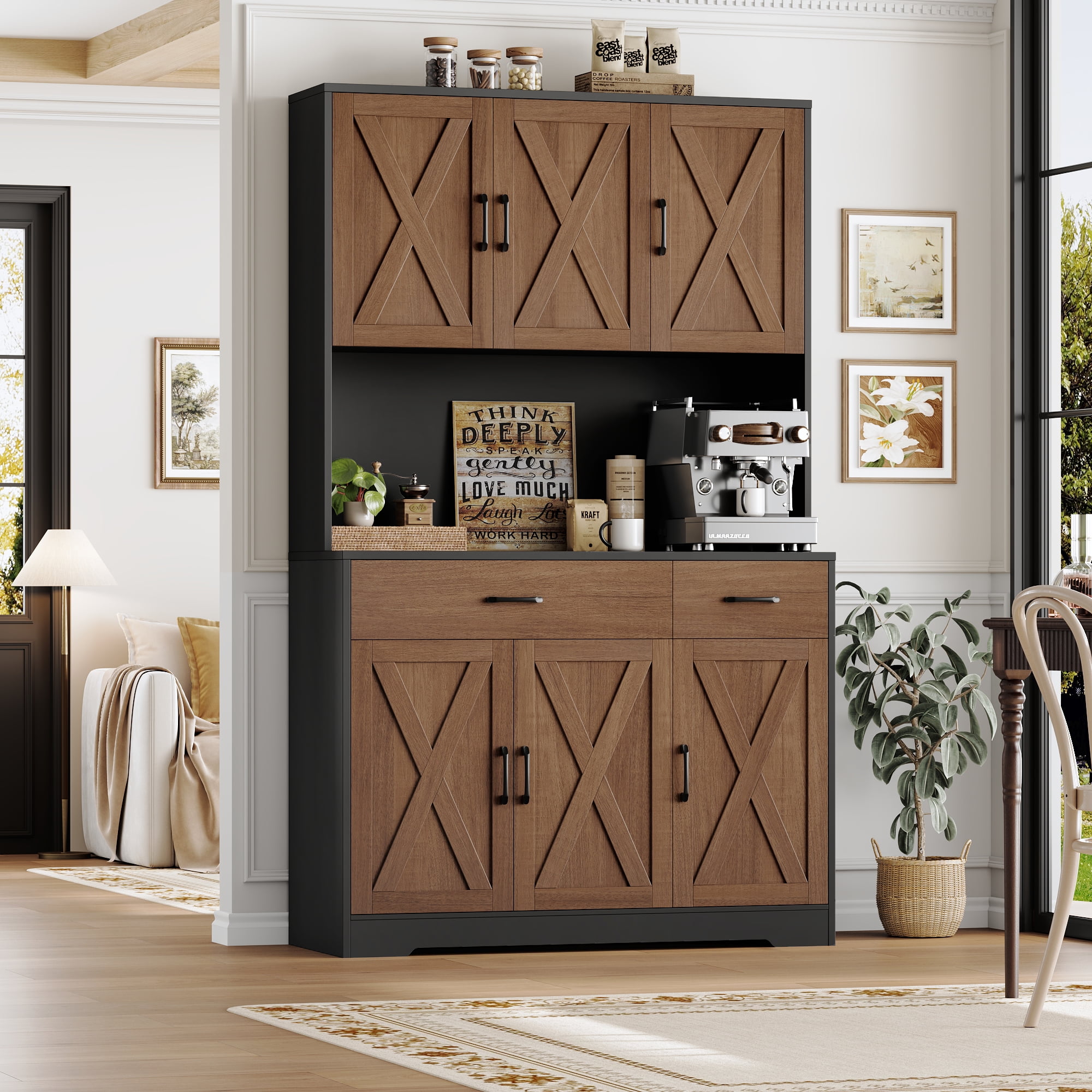 Homfa 71" Kitchen Pantry with Charging Station, Freestanding Cupboard with Adjustable Shelves, Floor Cabinet for Dining Room, Black&Brown