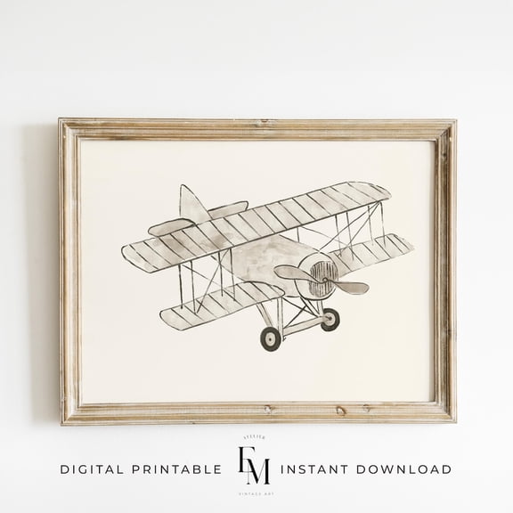 Airplane Nursery Art Vintage Boys Room Decor Boy Wall Art Travel Theme Nursery Print Baby Boys Room Decor Beige Boys Playroom Art Home Decor #2502, Unframed Poster Size 8x12