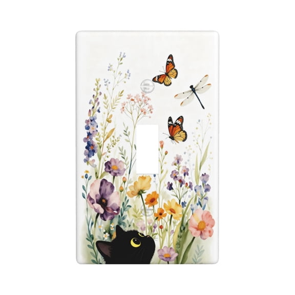 Decorative Single Toggle Light Switch Cover Plate, Floral Wildflower Black Cat Butterfly Dragonfly Wall Plate, Durable UV Printed Wall Decor for Bedroom, Bathroom, Living Room