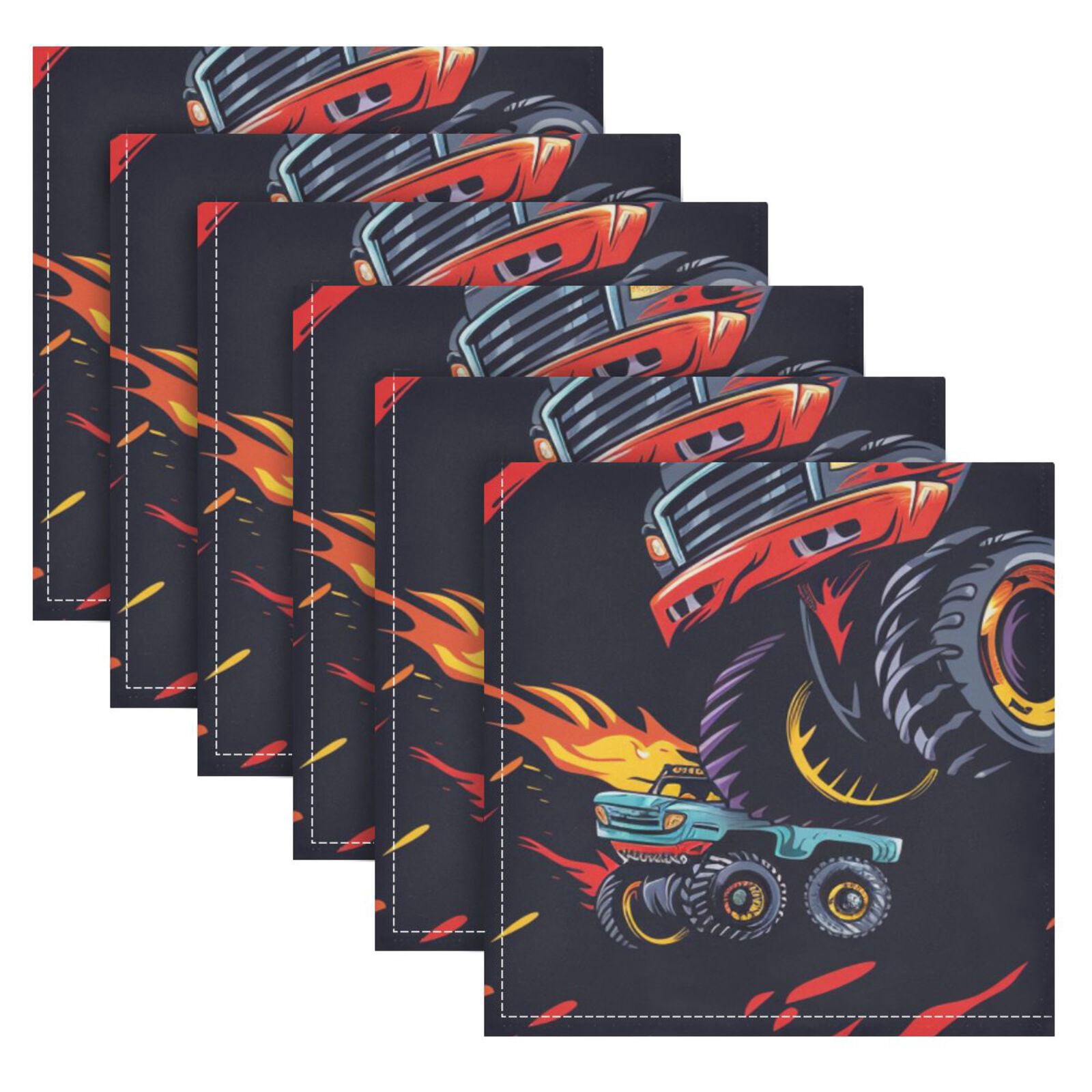 JSTEL Monster Truck Running Cloth Napkins Set of 6, 20x20 Inch Washable and Reusable Napkin for Decoupage Dinner Party Everyday Use