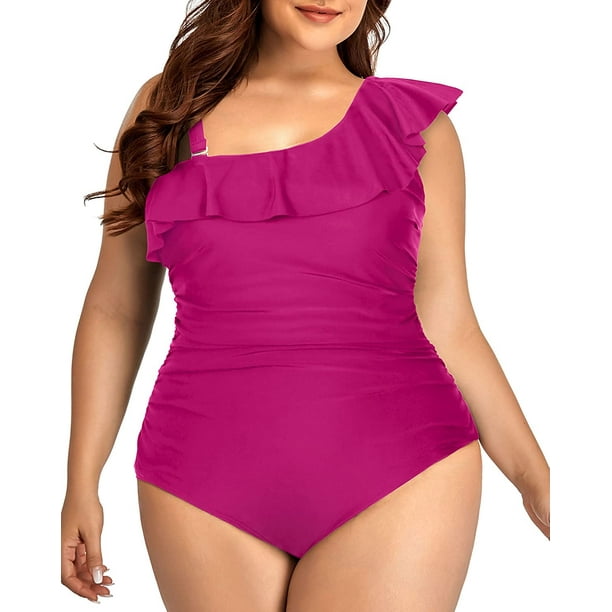 Aqua Eve Plus Size Bathing Suits for Women One Piece Swimsuits One Shoulder  Ruffle Tummy Control Swimwear, Hot Pink, 24 