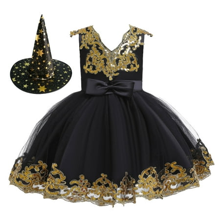 

CLZOUD Modern Fitted Dress for Girls Black Cotton Blend Kids Girls Pageant Dress Party Child Gown Princess Dress Hat Set 140
