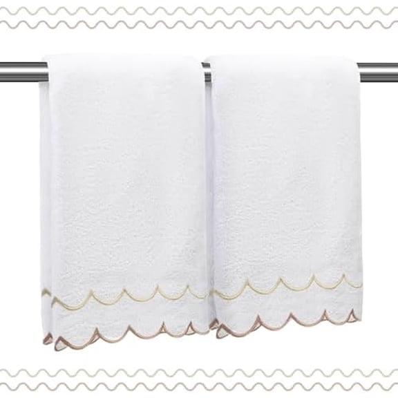 2 Pcs Coquette Bow 100% Cotton Hand Towels for Bathroom Scalloped Hand Towels 16 * 27 Inch Embroidered Decorative 600 GSM Soft Absorbent Bath Towel for Spa Yoga Hotel Sport (Brown)