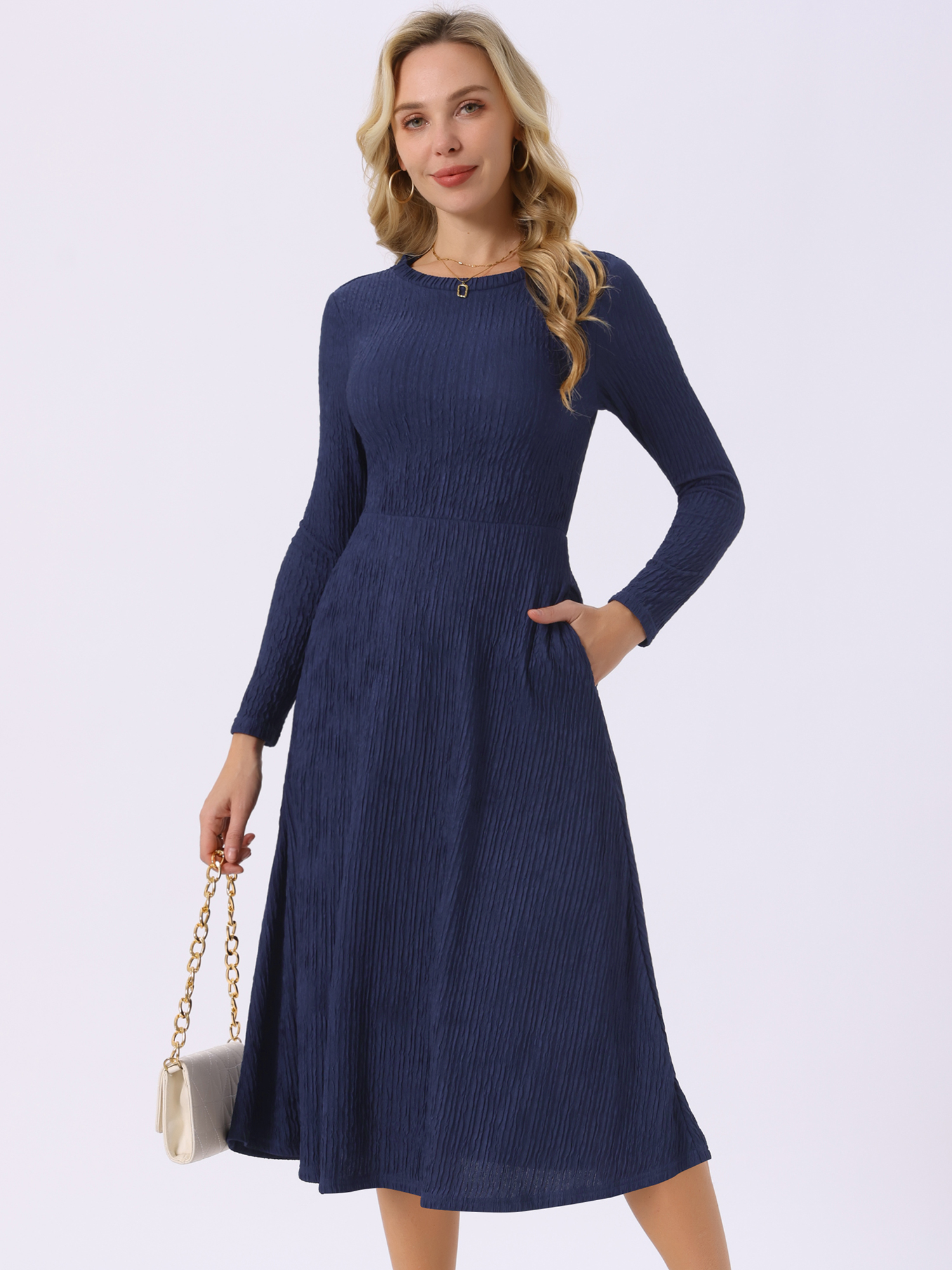 DARING DIVA Long Sleeve Crew Neck Knit A-Line Midi Dress L Dark Blue